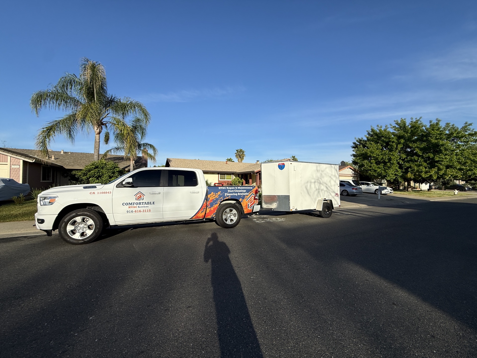 Comfortable HVAC Services truck and trailer on a job site in Rancho Cordova